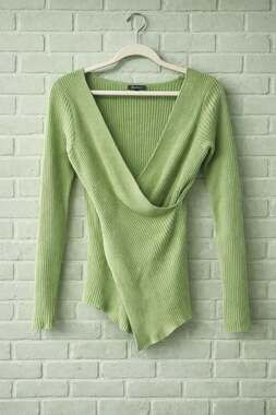 Qualfort Women's Ribbed Knit V-Neck Wrap Front Long Sleeve Sweater in Lime Green